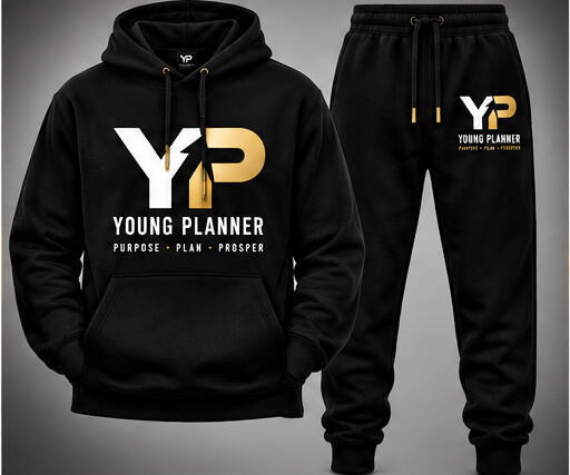 Front of the black YP Young Planner sweatsuit — matching hoodie and sweatpants